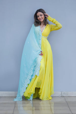 Jasmin Bhasin In Summer Lime Yellow Georgette Anarkali Set