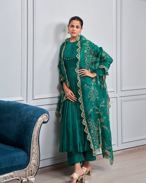 Emerald Pleated Malai Chanderi Anarkali Set