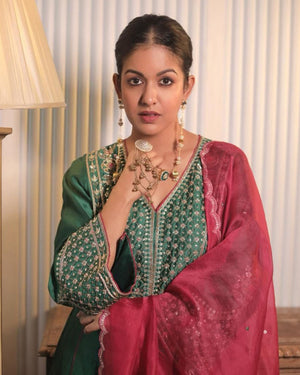 Ishita Dutta In Mahogany Green Chanderi Suit Set