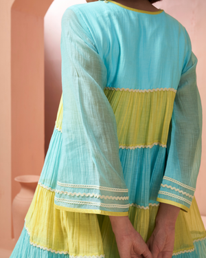 Aqua Yellow Malai Chanderi Peplum Set