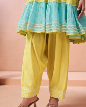 Aqua Yellow Malai Chanderi Peplum Set
