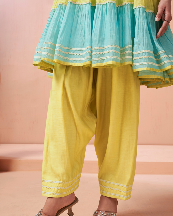 Aqua Yellow Malai Chanderi Peplum Set