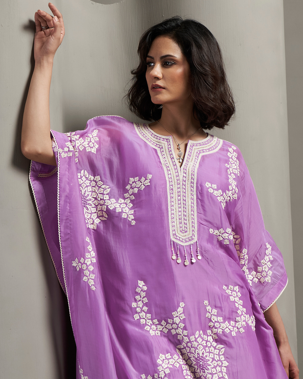 Lilac Mist Organza Satin Kaftan Set
