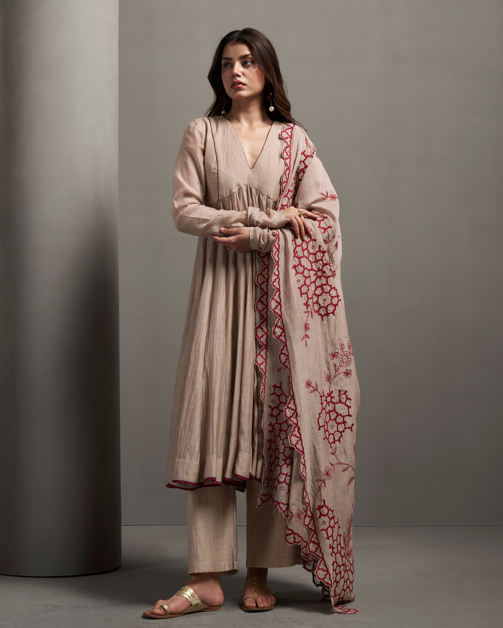 Cocoa Brown Malai Chanderi Anarkali Set