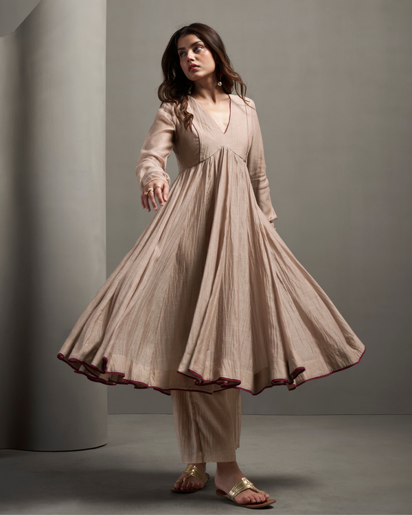 Cocoa Brown Malai Chanderi Anarkali Set