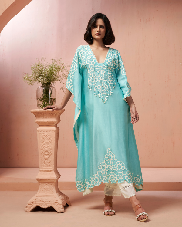 Aqua Blue Chanderi Silk Kaftan Set