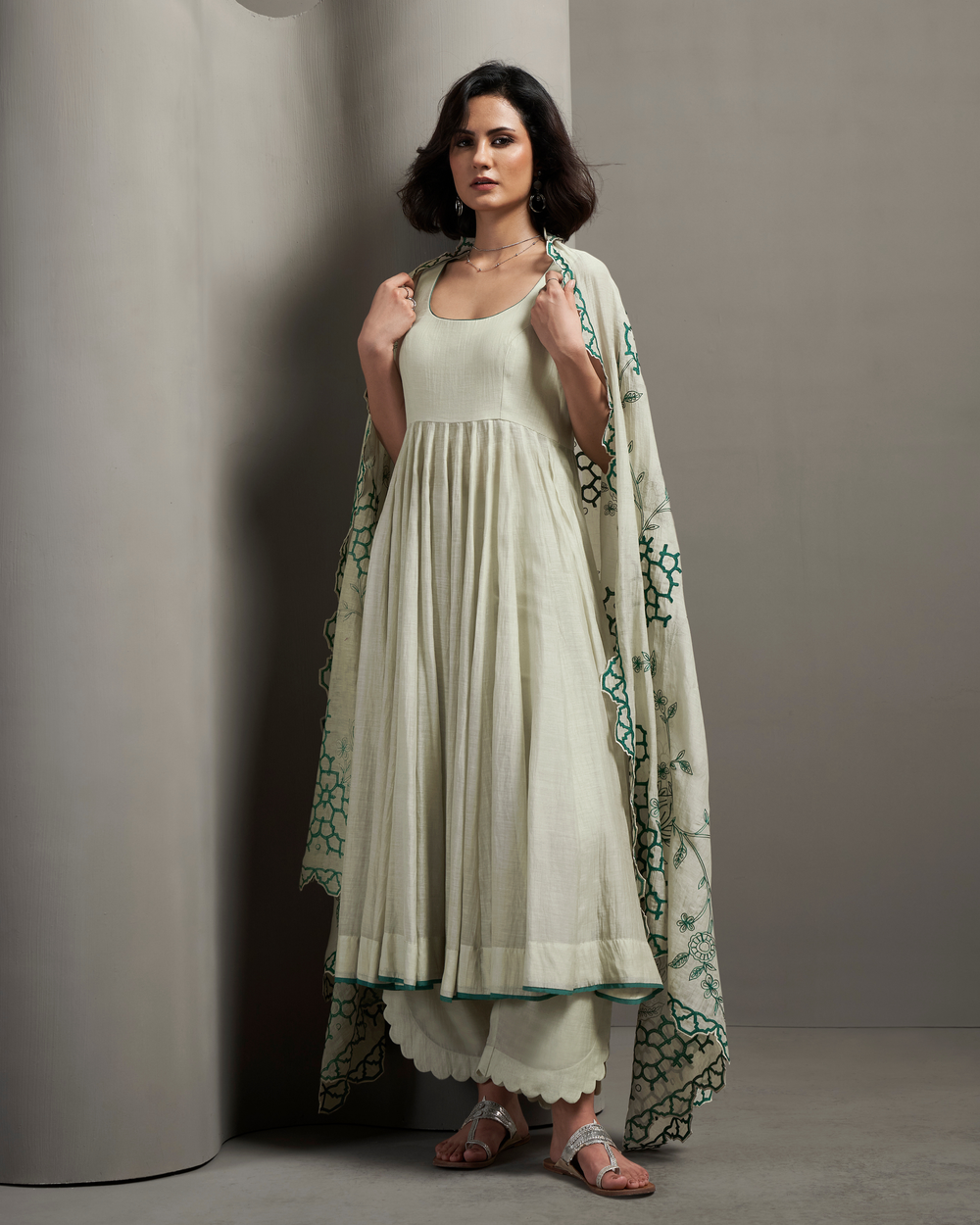 Silver Sage Malai Chanderi Anarkali Set