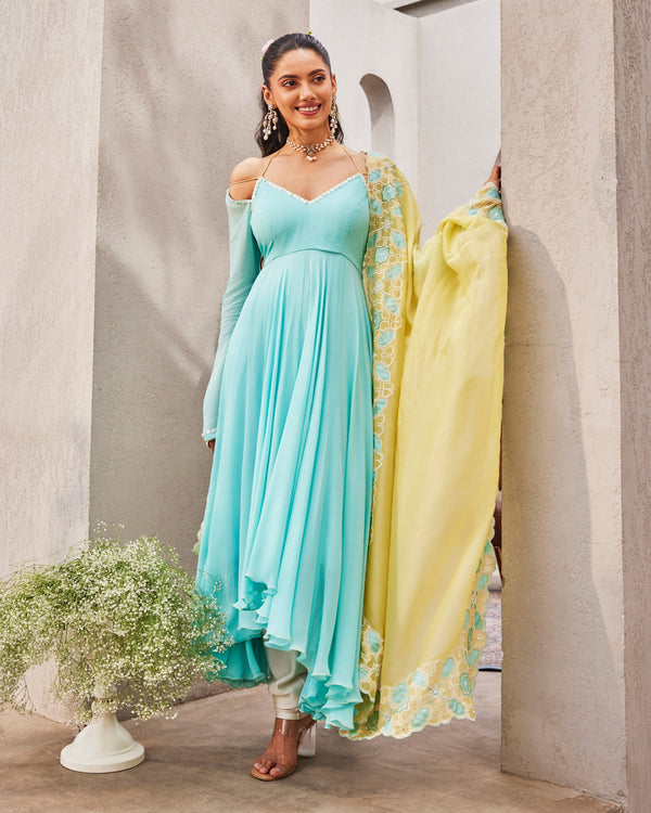 Beach Blue Anarkali  Dupatta Set