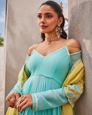 Beach Blue Anarkali  Dupatta Set