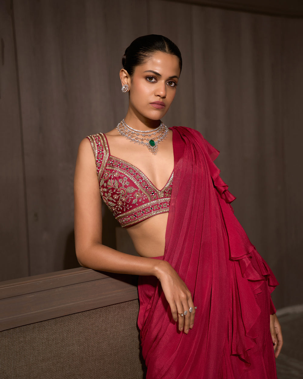 Flamingo Pink Pre-draped Chiffon Saree