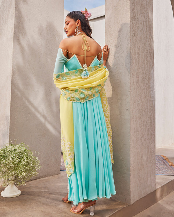 Beach Blue Anarkali  Dupatta Set