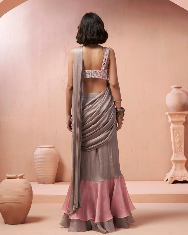 Misty Grey Satin Chiffon Organza Silk Drape Saree