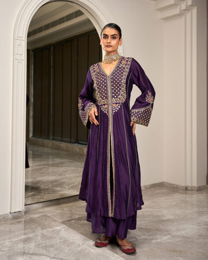 Plum Bell Sleeve Heavywork Kurta Set