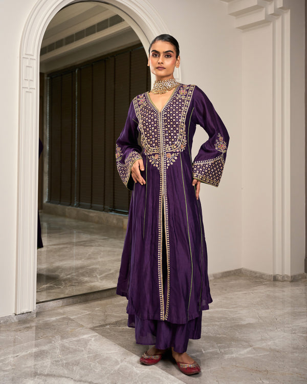 Plum Bell Sleeve Heavywork Kurta Set