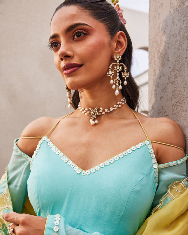 Beach Blue Anarkali  Dupatta Set