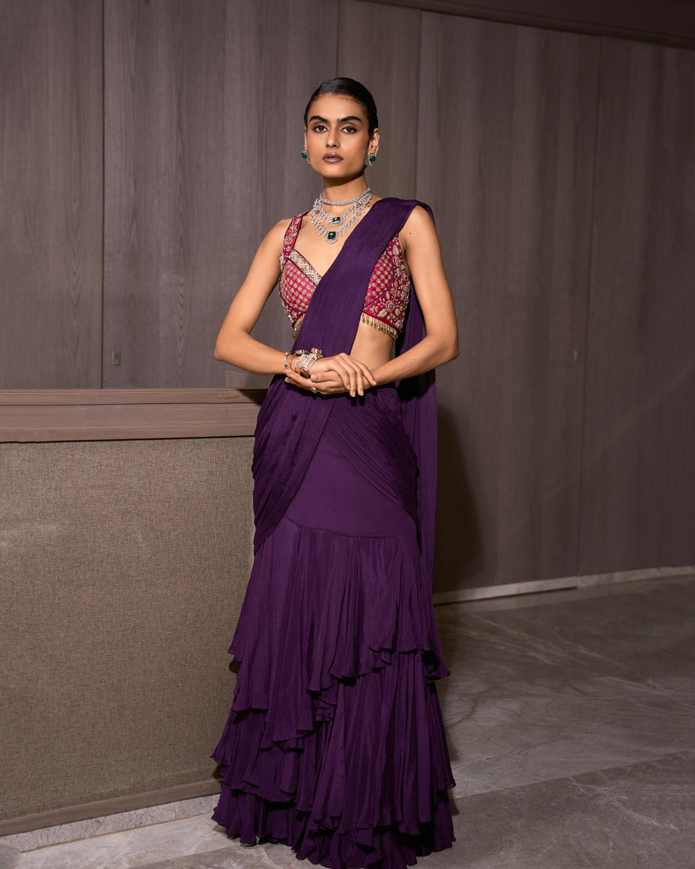 Deep Lilac Pre-draped Chiffon Saree