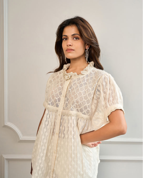 Cream Sequined Jacquard Co-ord Set