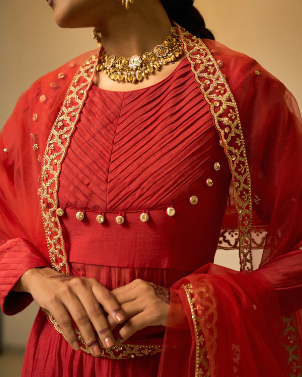 Crimson Pleated Chanderi Anarkali Set