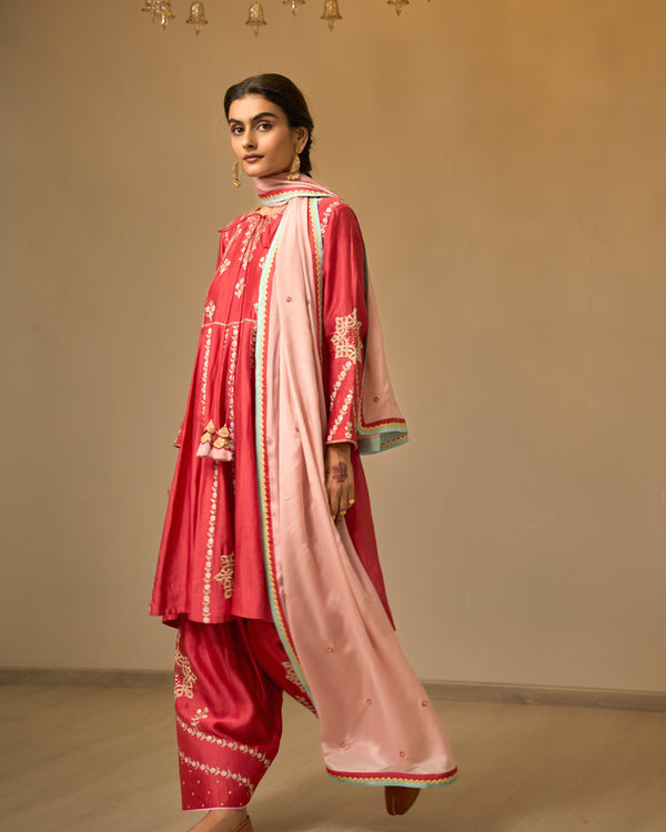 Ruby Red Embroidered Chanderi Suit Set