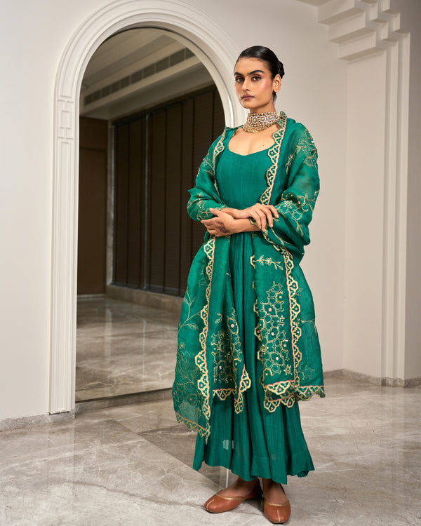 Forest Green Chanderi Anarkali Set