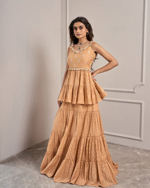 Apricot Jacquard Embroidered Skirt Set