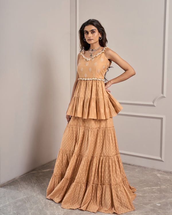Apricot Jacquard Embroidered Skirt Set