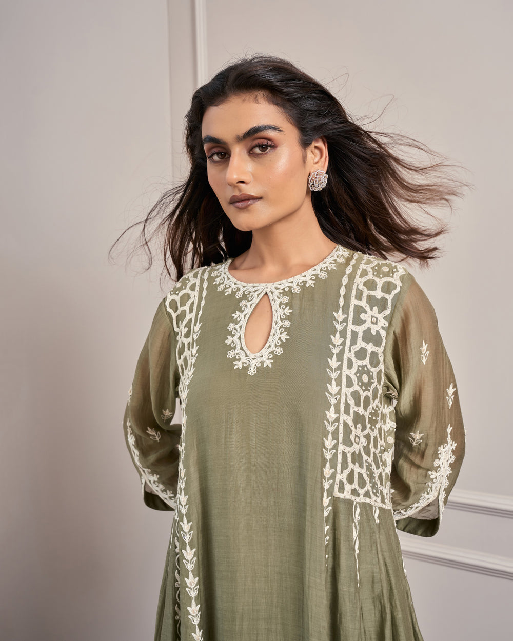 Olive Keyhole Embroidered Kurta Set