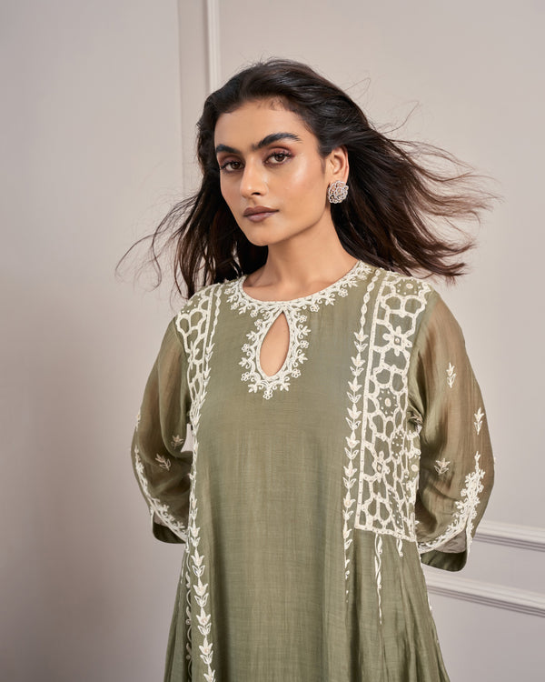Olive Keyhole Embroidered Kurta Set