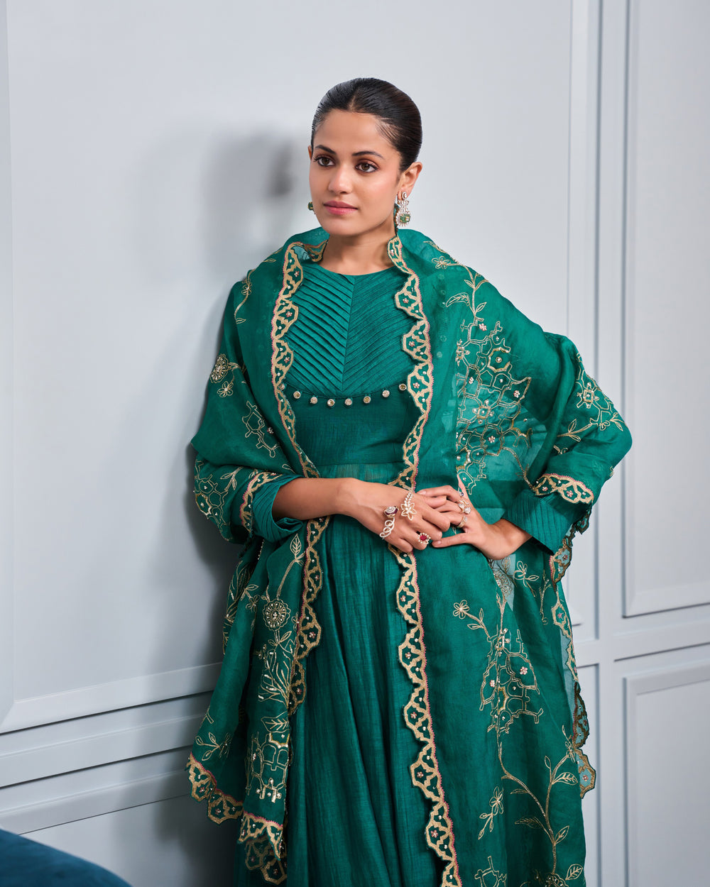 Emerald Pleated Malai Chanderi Anarkali Set