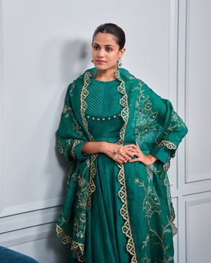 Emerald Pleated Malai Chanderi Anarkali Set