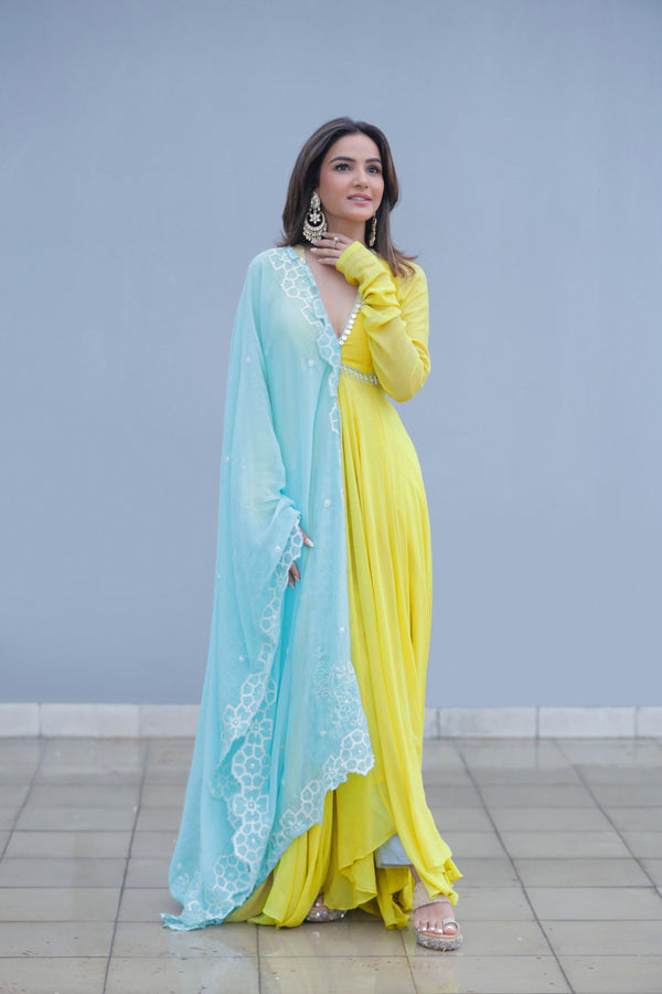 Jasmin Bhasin In Summer Lime Yellow Georgette Anarkali Set