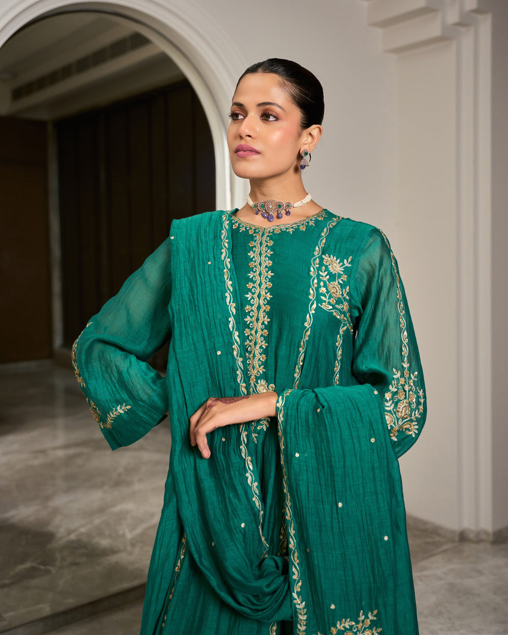 Turquoise Embroidered Chanderi Suit Set