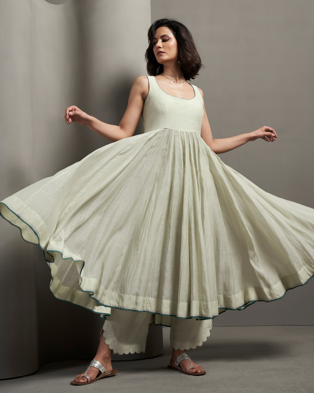 Silver Sage Malai Chanderi Anarkali Set