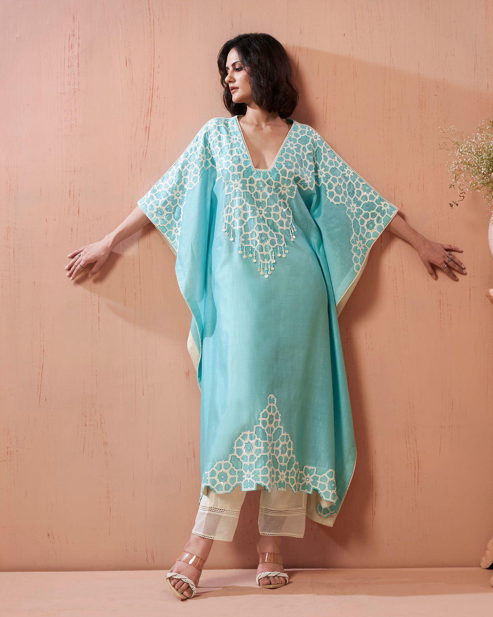 Aqua Blue Chanderi Silk Kaftan Set