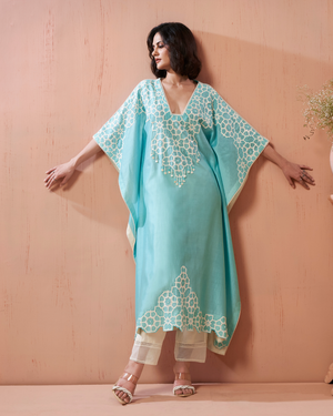 Aqua Blue Chanderi Silk Kaftan Set