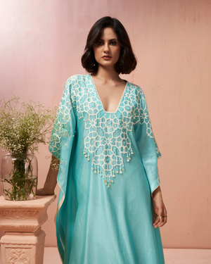 Aqua Blue Chanderi Silk Kaftan Set