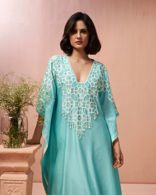 Aqua Blue Chanderi Silk Kaftan Set