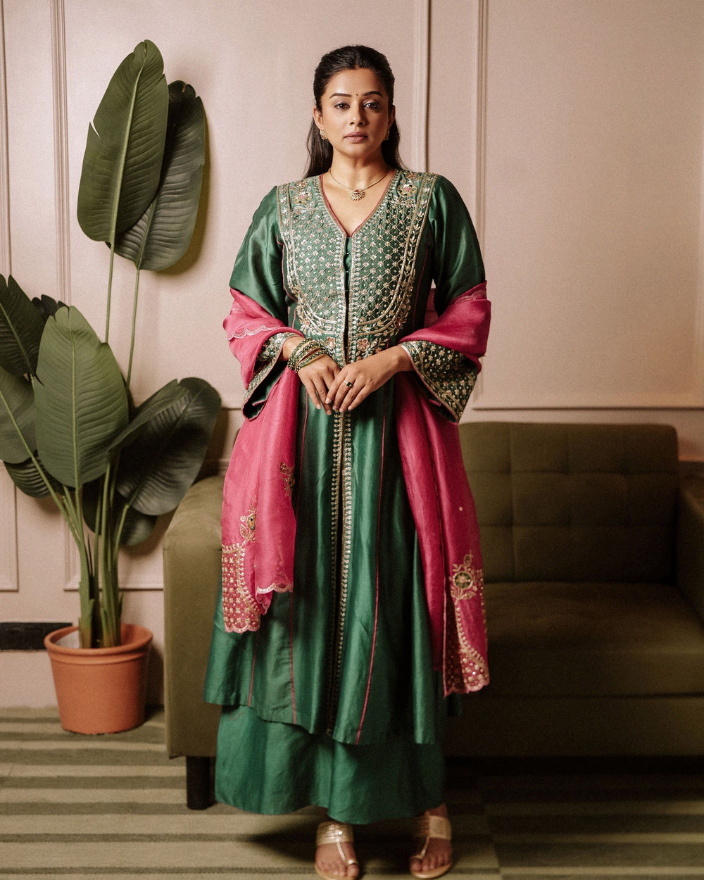 Priyamani Raj In Mahogany Green Chanderi Silk Set