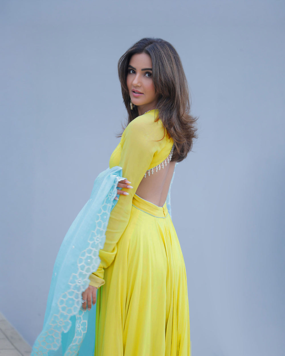 Jasmin Bhasin In Summer Lime Yellow Georgette Anarkali Set