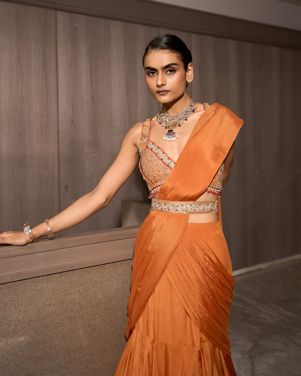 Copper Orange Pre-draped Chiffon Saree