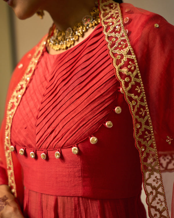 Crimson Pleated Chanderi Anarkali Set