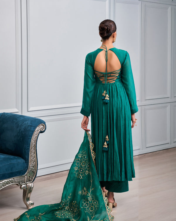 Emerald Pleated Malai Chanderi Anarkali Set