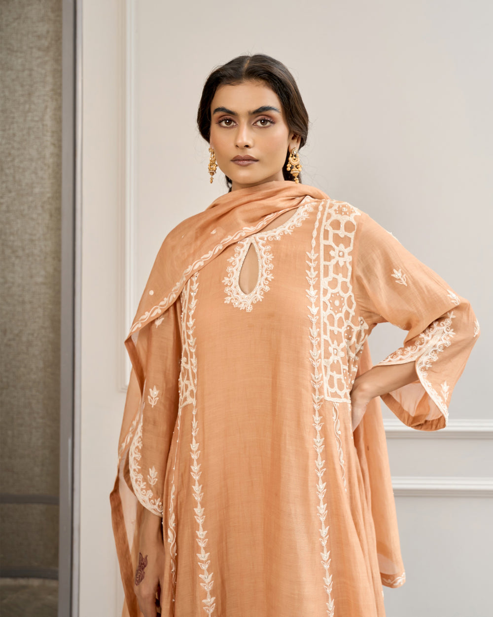 Muted Peach Malai Chanderi Suit Set