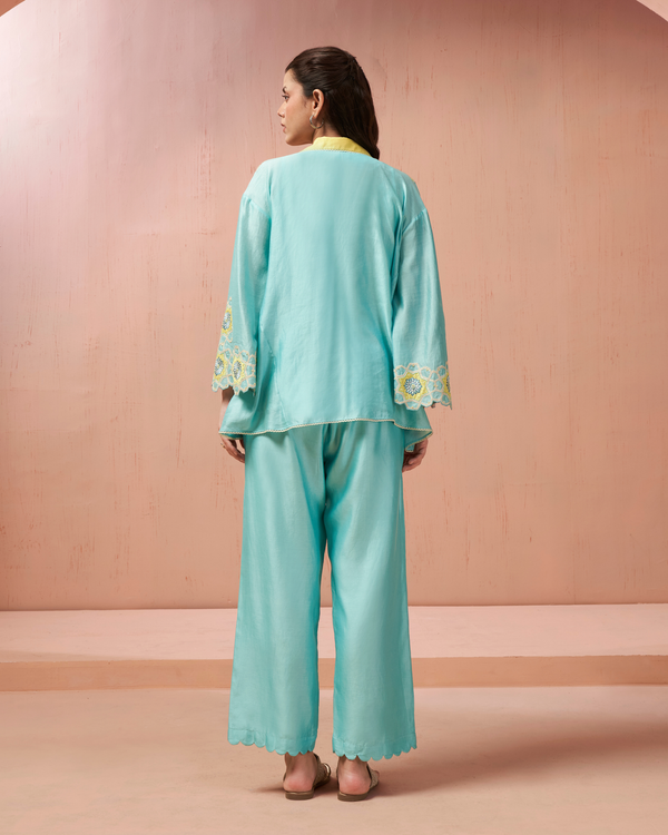 Aqua Jewel Chanderi Silk Shirt Co-ord Set