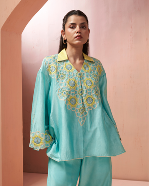 Aqua Jewel Chanderi Silk Shirt Co-ord Set
