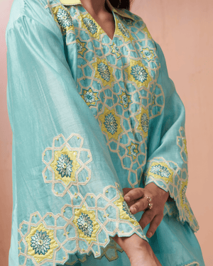Aqua Jewel Chanderi Silk Shirt Co-ord Set