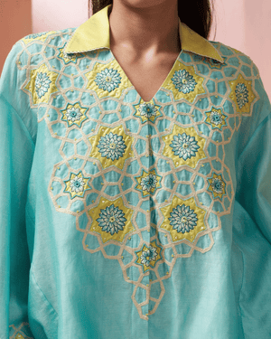 Aqua Jewel Chanderi Silk Shirt Co-ord Set