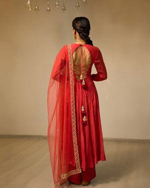 Crimson Pleated Chanderi Anarkali Set