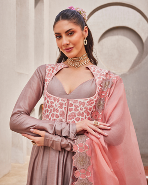 Smoke Grey Chanderi Silk Anarkali Set