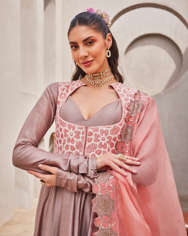 Smoke Grey Chanderi Silk Anarkali Set